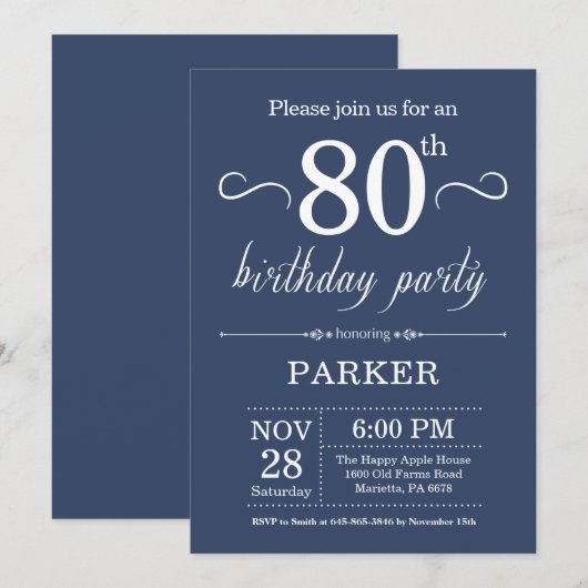 80e anniversaire Invitation Bleu (Devant / Derrière)