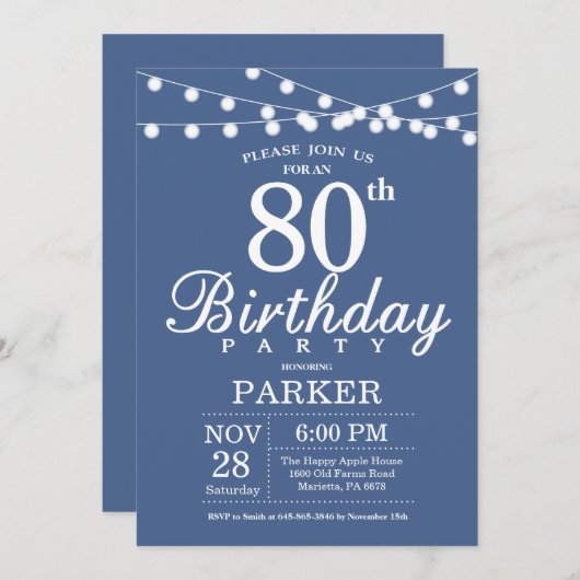 80e anniversaire Invitation Bleu (Devant / Derrière)