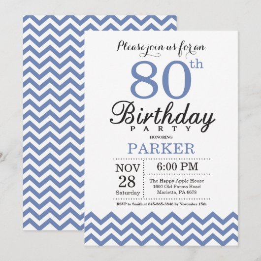 80e anniversaire Invitation Blue Chevron (Devant / Derrière)