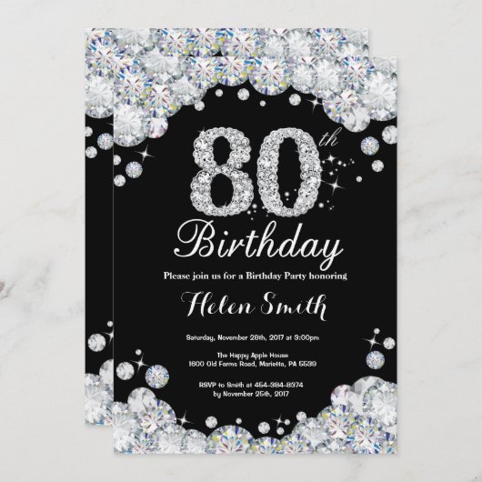 80e anniversaire Invitation Chalkboard Silver Diam (Devant / Derrière)