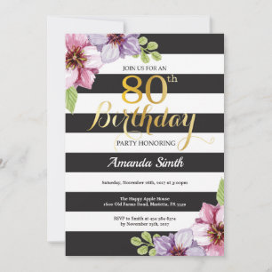 80e anniversaire Invitation Femmes. Or floral noir