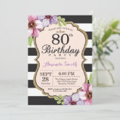 80e anniversaire Invitation Femmes. Or floral noir (Debout devant)