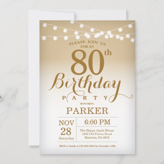 80e anniversaire Invitation Gold String Lights (Devant)