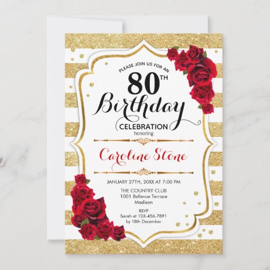 80e anniversaire Invitation Gold White Stripes Ros (Devant)