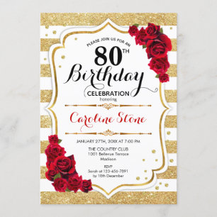 80e anniversaire Invitation Gold White Stripes Ros