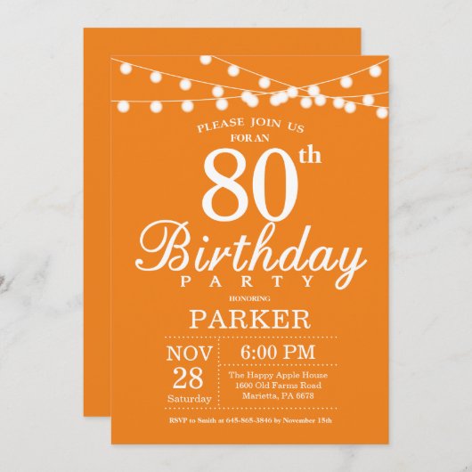 80e anniversaire Invitation Orange (Devant / Derrière)