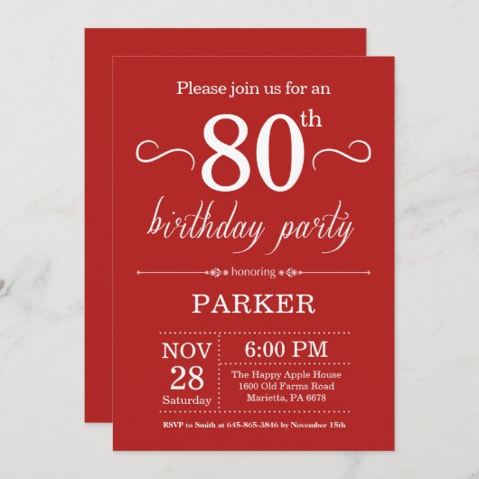 80e anniversaire Invitation Rouge (Devant / Derrière)
