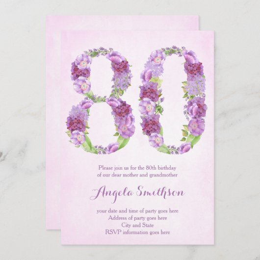 80e anniversaire invitations pour dame, quatre-vin (Devant / Derrière)