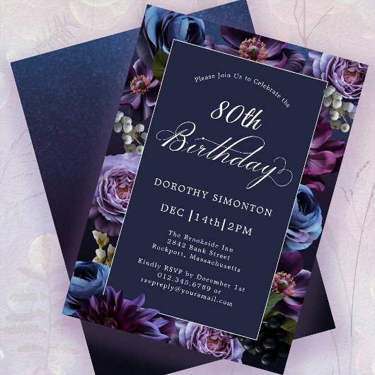 80e anniversaire Moody Purple Flower Invitation