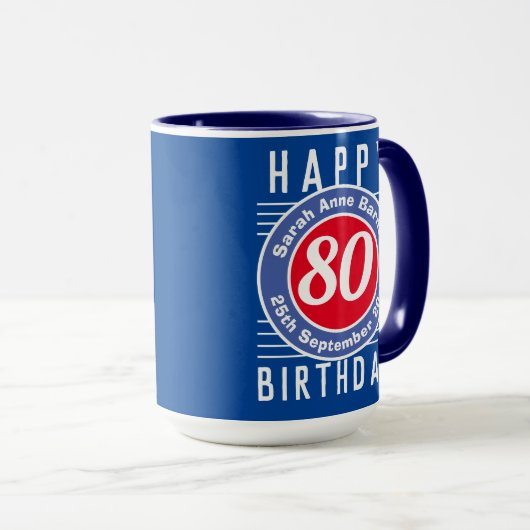 80e Anniversaire Mug avec âge, nom et date (Devant droit)