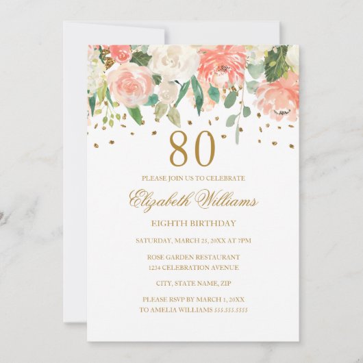 80e anniversaire Peach Gold Floral Invitation (Devant)