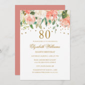 80e anniversaire Peach Gold Floral Invitation (Devant / Derrière)