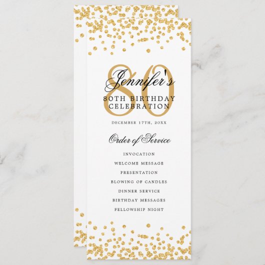 80e Anniversaire Programme Gold Confetti Menu (Devant / Derrière)