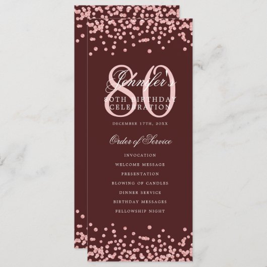 80e anniversaire Programme Rose Gold Confetti Bour (Devant / Derrière)