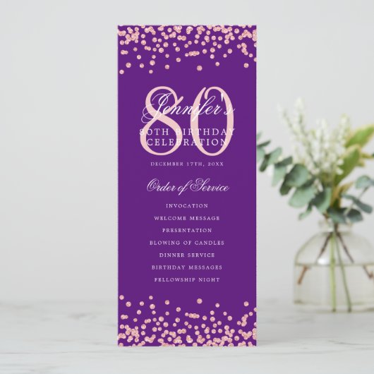 80e Anniversaire Programme Rose Gold Confetti Purp (Debout devant)