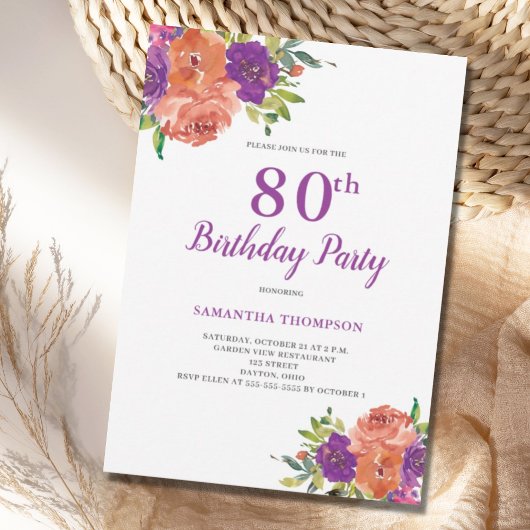 80e anniversaire Purple Floral Invitation