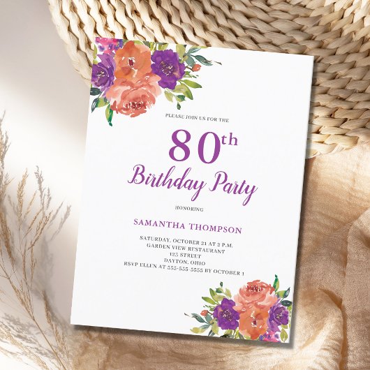 80e anniversaire Purple Floral Invitation