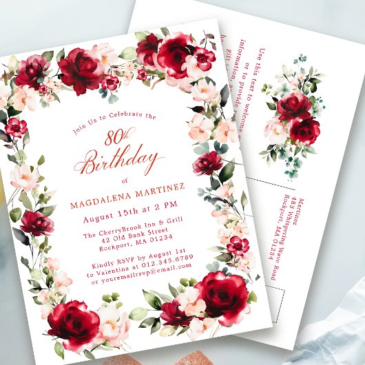 80e anniversaire Red Rose Peony Invitation