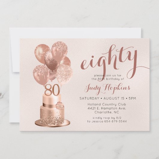 80e anniversaire Rose Gold Cake Invitation (Devant)