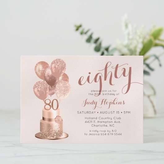 80e anniversaire Rose Gold Cake Invitation (Debout devant)