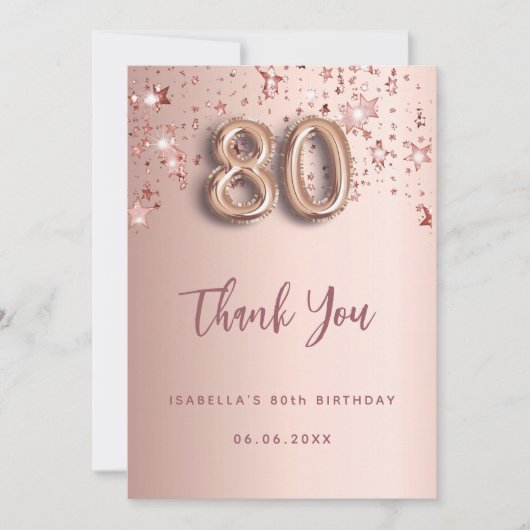 80e anniversaire rose or étoiles carte de remercie (Devant)