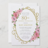 80e anniversaire Rose Rose Floral Gold Invitation (Devant)