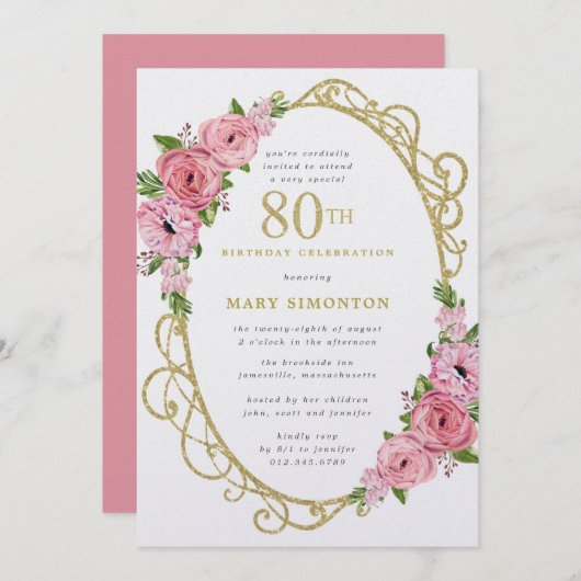 80e anniversaire Rose Rose Floral Gold Invitation (Devant / Derrière)