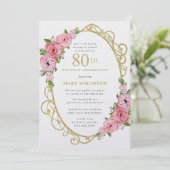 80e anniversaire Rose Rose Floral Gold Invitation (Debout devant)