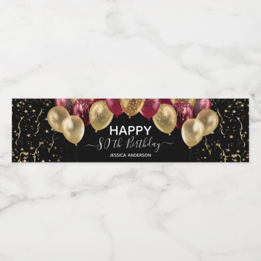 80e anniversaire Rouge or Ballons Étiquette de bou (Étiquettes simples)