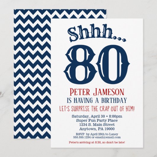 80e Anniversaire Surprise Invitation Homme Marine  (Devant / Derrière)