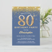 80e Birthday Blue en Gold Glitter Confetti Kaart (Staand voorkant)