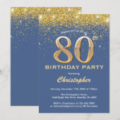 80e Birthday Blue en Gold Glitter Confetti Kaart (Voorkant / Achterkant)