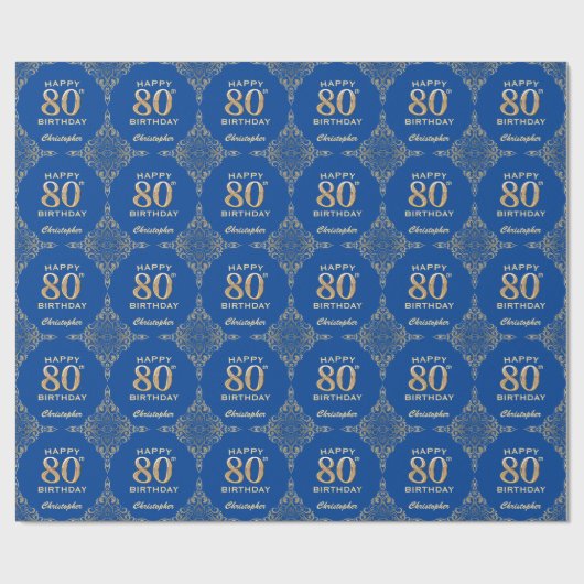 80e Birthday Blue en Gold Glitter Lijst Cadeaupapier (Vlak)
