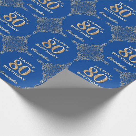 80e Birthday Blue en Gold Glitter Lijst Cadeaupapier (Hoek)