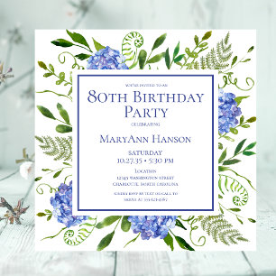 80e Birthday Blue Hydrangeas Floral Waterverf Kaart