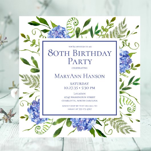 80e Birthday Blue Hydrangeas Floral Waterverf Kaart