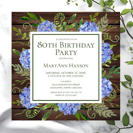 80e Birthday Blue Hydrangeas Floral Waterverf Kaart