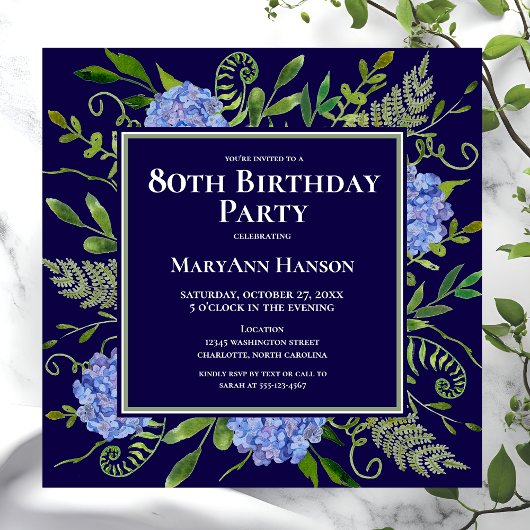 80e Birthday Blue Hydrangeas Floral Waterverf Kaart