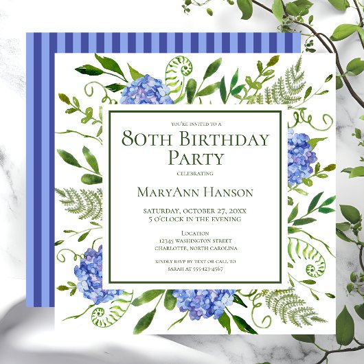80e Birthday Blue Hydrangeas Floral Waterverf Kaart