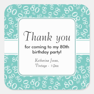 80e dank u Blauwgroen/White Birthday Number Patter Vierkante Sticker
