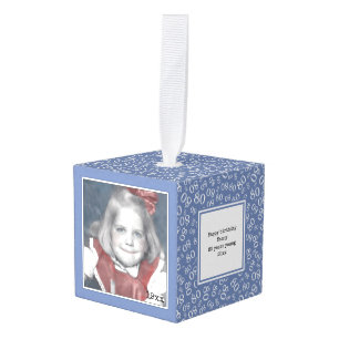 80e foto aandenken - blauw/wit nummerpatroon kubus ornament