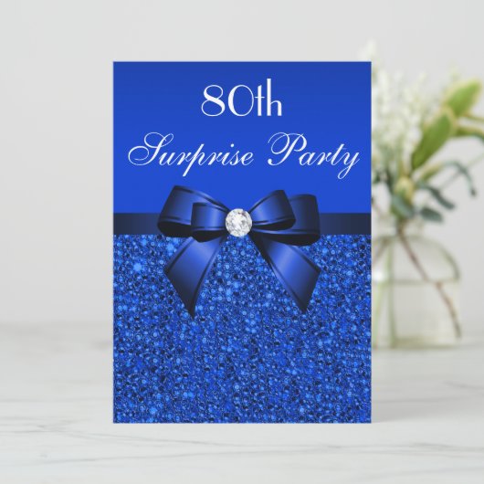 80e Surprise Party Royal Blue Sequins en Bow Kaart (Staand voorkant)