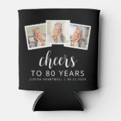 80e verjaardag 3-foto zwart wit script juichen blikjeskoeler (Voorkant)
