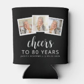 80e verjaardag 3-foto zwart wit script juichen blikjeskoeler (Achterkant)