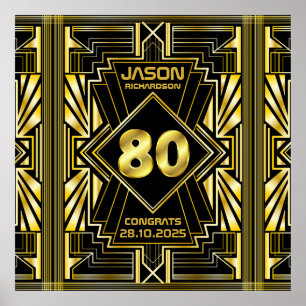 80e verjaardag Art Deco Gold Black Grote Gatsby Poster