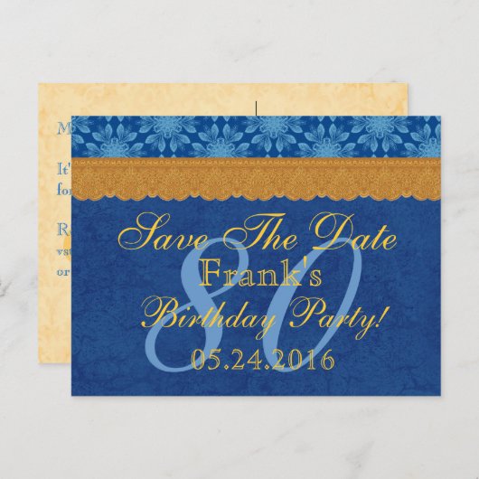 80e verjaardag Bewaar de datum Blauw en Goud kant  Aankondigingskaart (Voorkant / Achterkant)