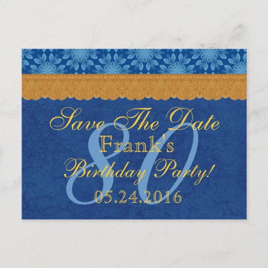 80e verjaardag Bewaar de datum Blauw en Goud kant  Aankondigingskaart (Voorkant)