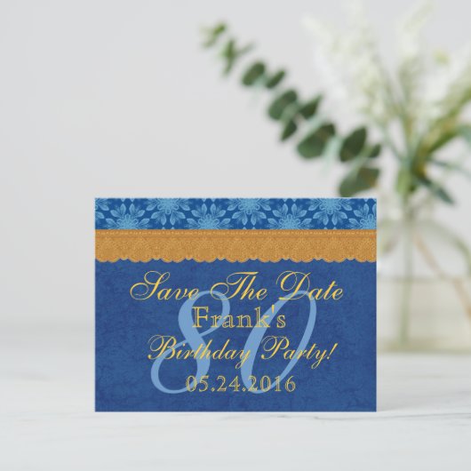 80e verjaardag Bewaar de datum Blauw en Goud kant  Aankondigingskaart (Staand voorkant)