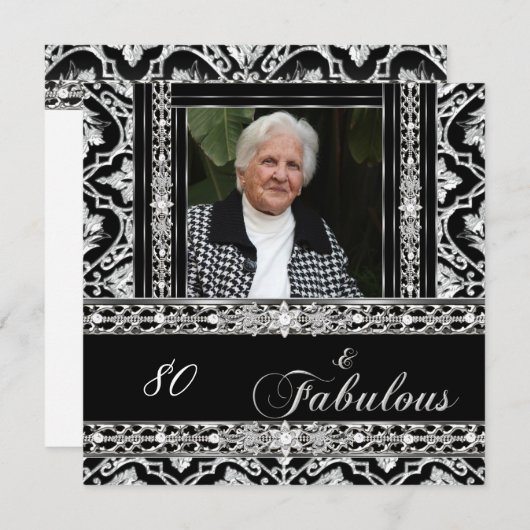 80e verjaardag Black White Damask Diamond Kaart (Voorkant / Achterkant)