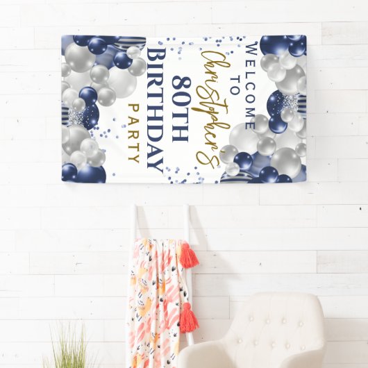 80e verjaardag blauwe ballonnen feest welkom spandoek (Insitu)